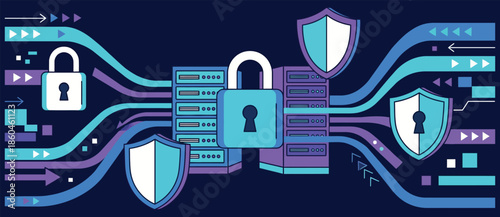 Cyber security technology concept with server racks padlocks and shields for data protection and network safety in digital world for secure internet privacy system.