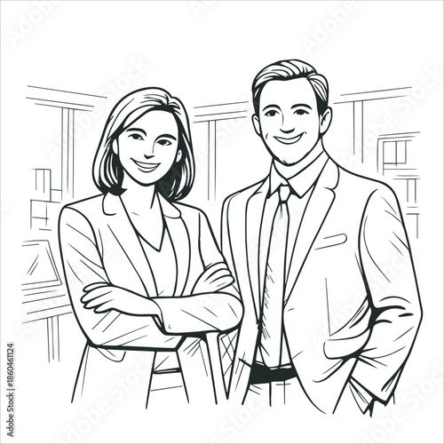 Smiling Business Professionals Line Art Portrait
