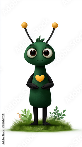 Cute green cartoon character with a heart and antennae stands on a grassy patch against a white backdrop.