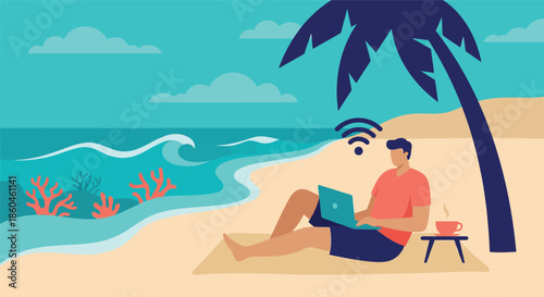 Young man freelancer working on laptop at tropical beach with palm tree and wifi signal for digital nomad remote work and online business concept in summer vacation.
