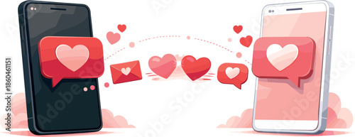 Texting Love Exchange. Clean modern smartphones aligned in a symbolic romantic exchange, modern flat vector illustration
