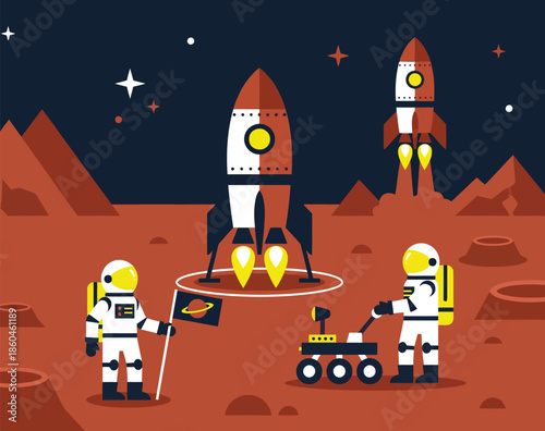 Two astronauts exploring red planet mars surface with rocket spaceship and rover vehicle for space exploration mission and colonization concept in galaxy universe.