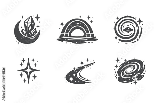 Interstellar Icon Collection. Solid style icons of interstellar design: moon crystal, arc bridge, radiowave circle, glowing mark,