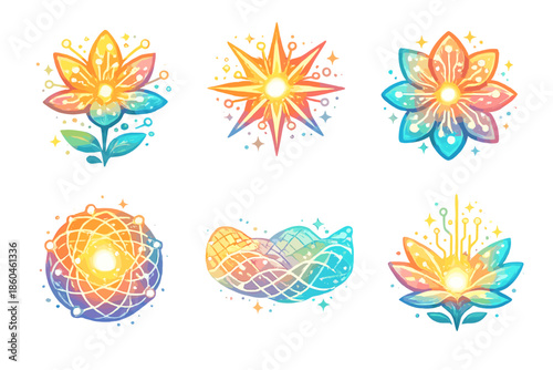 Digital Icon Blossoms. Solid style icons of digital vitality: dataflower, sunspark, neural petal, radiant core, wave network,