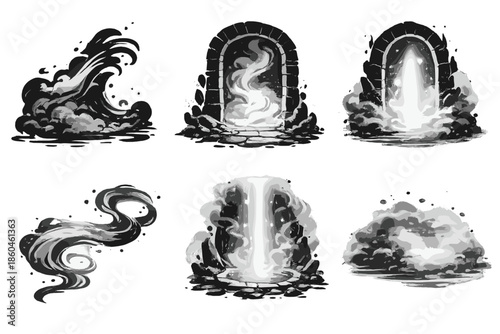 Atmospheric Passage Icons. Solid style icons of atmospheric passage: fog wave, open arch, glowing gate, mist ribbon, portal light,