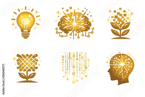 Creative Icon Collection. Solid style icons of creative intelligence: glowing idea, neural spark, pixel flower, matrix weave, code