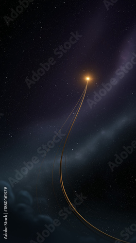 Celestial Pathways: A luminous orb ascends through a starlit expanse, interwoven with ethereal trails, marking a cosmic journey.