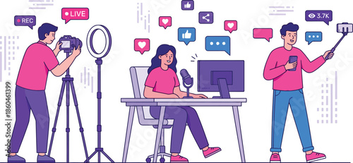 Group of young people creating content for social media platforms including live streaming podcasting and video blogging with digital marketing icons and technology.