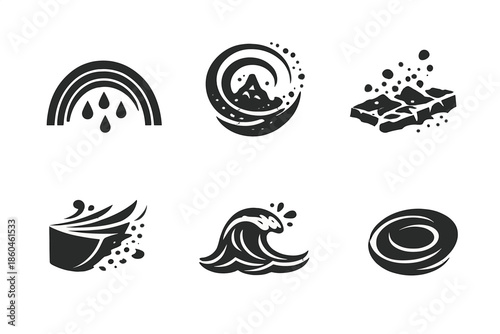 Weather Geometry Icons. Solid style icons of Weather Geometry: rain arc, erosion spiral, dust plane, wind cut, wave ridge, hollow