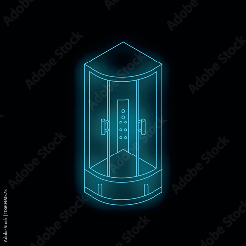Glowing blue neon shower cabin illuminating dark bathroom space, modern design and hygiene concept