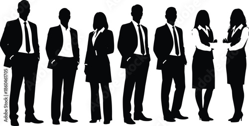 Silhouetted group of diverse business professionals in formal attire standing together, teamwork concept, corporate leadership, office environment, and professional unity illustration