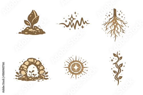Subtle Growth Icons. Solid style icons of Subtle Growth: clay bud, glowing root, spark line, earthen arc, radiant pulse, living
