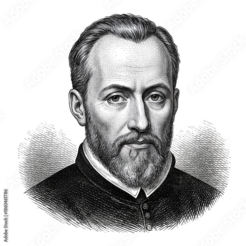 Black and white vintage engraving, close-up headshot portrait of Giovanni Pierluigi da Palestrina, the famous historical Italian classical music Renaissance composer, white background, greyscale