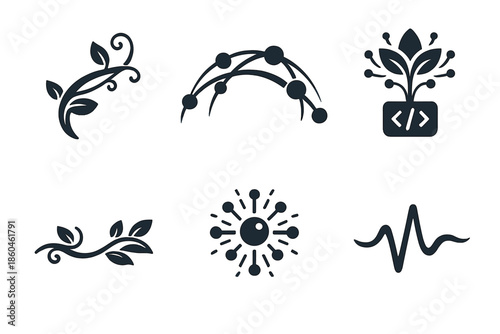 Natural Logic Icons. Solid style icons of Natural Logic: vine thread, neural arc, code bloom, organic line, luminous node, flowing