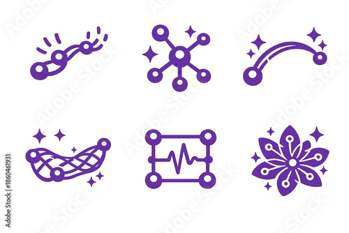 Harmonized Network Icons. Solid style icons of Harmonized Networks: signal thread, branch node, luminous arc, flowing mesh, data