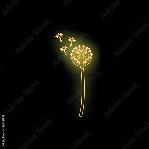 Neon dandelion with flying seeds glowing on black background, representing spreading, growth, and hope