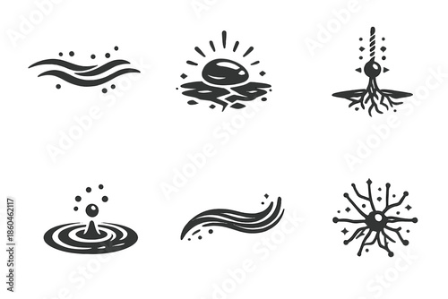 Harmonized Grounding Icons. Solid style icons of Harmonized Grounding: mist line, stone pulse, grounded thread, soft ripple,