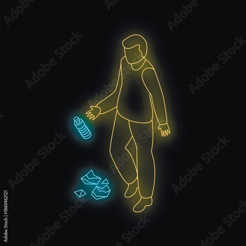 Neon illustration of man dropping garbage on street at night, representing littering, pollution, and environmental damage
