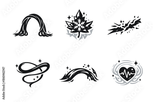 Tense Flow Icons. Solid style icons of Tense Flow: thread arch, ice leaf, fragile line, luminous thread, flowing arc, soft pulse