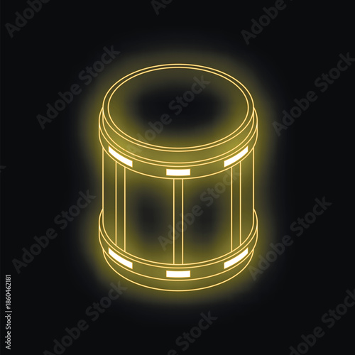 Glowing yellow neon wooden barrel on black background, isometric view