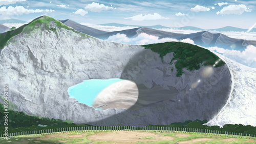 Картината върху платно Fantasy Anime Landscape with Blue Crater Lake and Mountains