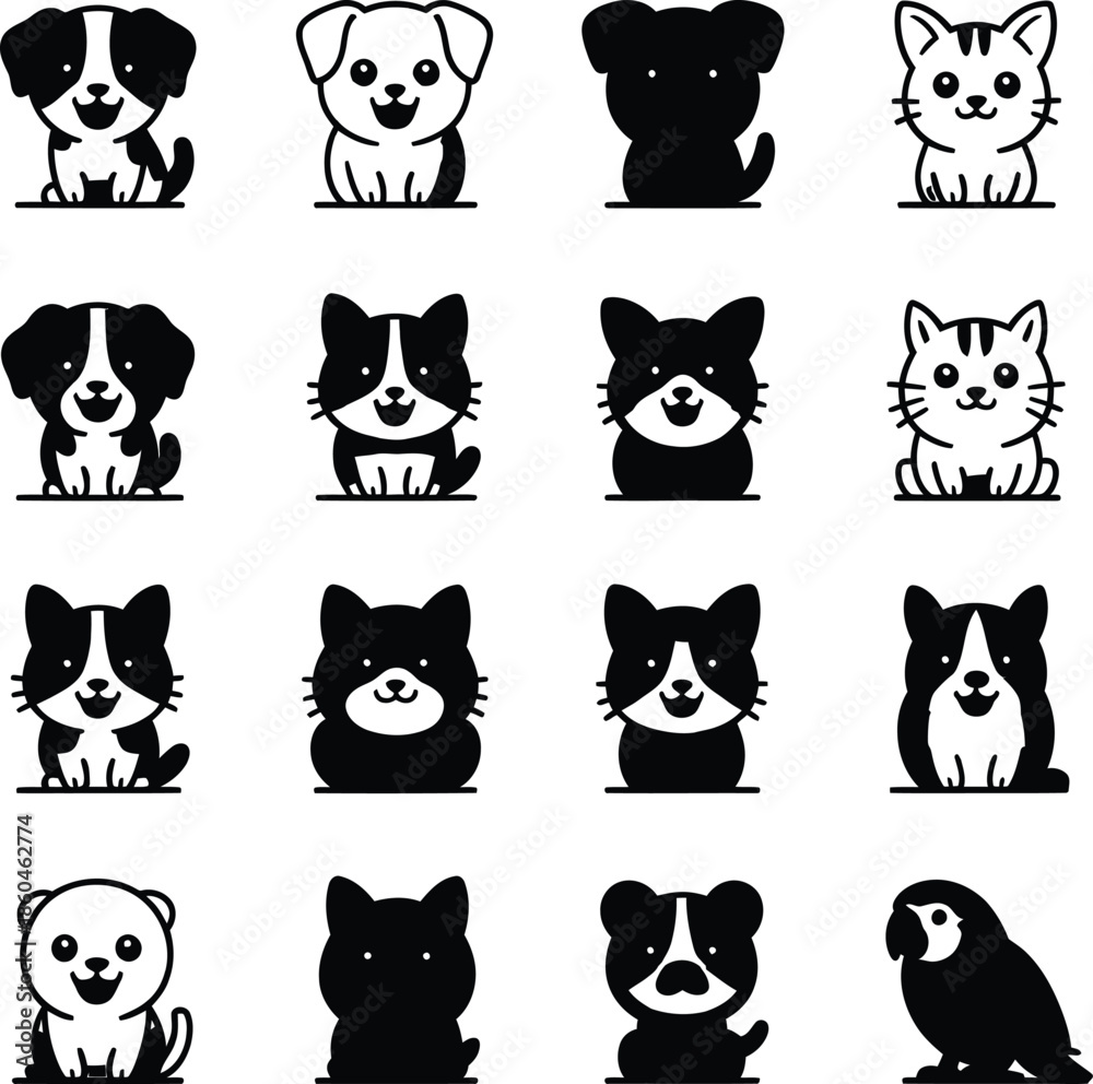 Fototapeta premium Cartoon-style vector grid of cute black and white pet illustrations featuring dogs, cats, and other animals in bold contrast.