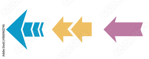 Colorful left arrow icons set in a flat vector style, featuring different shapes and sizes arranged horizontally. The arrows symbolize direction, navigation, return, rewind, and backward movement