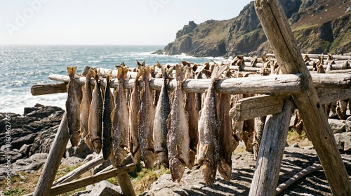 Salted Fish Drying on Wooden Rack with Coastal Sea Background