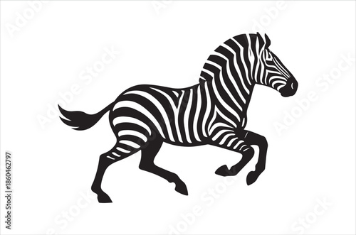 A striking black and white illustration of a zebra in mid gallop