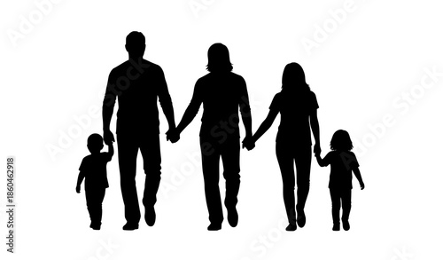 Family Walking Together Silhouette Vector Illustration with Parents and Children