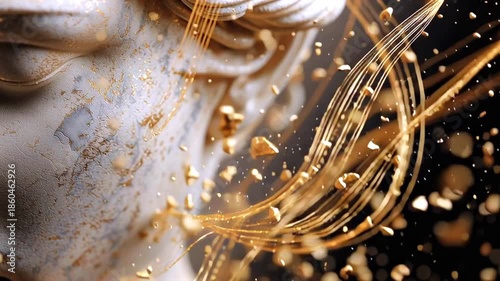 Greek sculpture , Luminous particles streaming from hands in white hoodie, conveying digital creativity, technological innovation, futuristic visualization with ethereal energy design