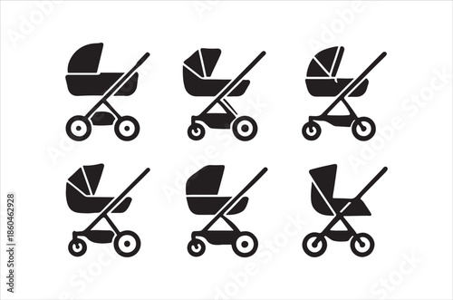 Collection of baby carriages and strollers in a black and white design