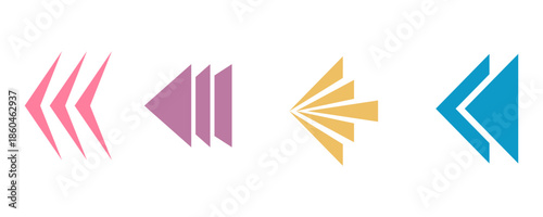 Colorful left arrow icons set in a flat vector style, featuring different shapes and sizes arranged horizontally. The arrows symbolize direction, navigation, return, rewind, and backward movement