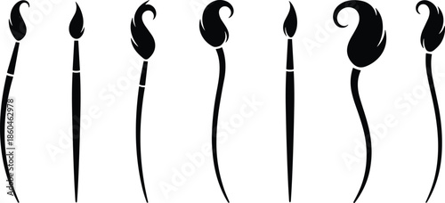 Solid Black Vector Icon Set Featuring Diverse Paintbrushes with Stylized Bristles for Fine Arts Education and Design