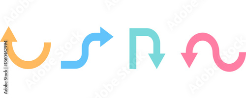 Colorful left arrow icons set in a flat vector style, featuring different shapes and sizes arranged horizontally. The arrows symbolize direction, navigation, return, rewind, and backward movement