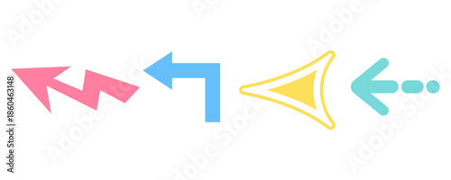 Colorful left arrow icons set in a flat vector style, featuring different shapes and sizes arranged horizontally. The arrows symbolize direction, navigation, return, rewind, and backward movement