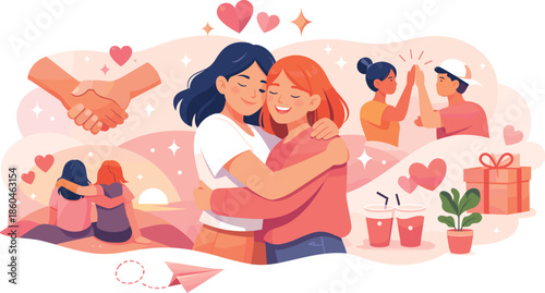 Friendship Love Illustration. Clean modern illustration conveying friendship love through trust, joy, and heartfelt connection,
