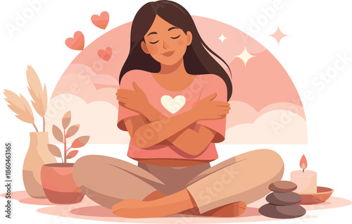 Self Love Illustration. Clean modern illustration conveying self love through calm energy, inner peace, and emotional warmth,