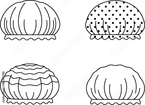 Outline Vector Icon Set Featuring Patterned and Plain Shower Caps with Scalloped Edges for Hotel Amenities and Hygiene