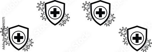 Outline Vector Icon Set Featuring Medical Shields with Crosses Deflecting Viral Pathogens for Immune System Health Education