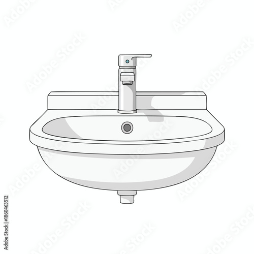 A simple, white, cartoon-style sink with a faucet, and an oval bowl