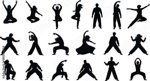 Set of black silhouette people in various poses, dancing, jumping, stretching, yoga, tai chi, martial arts, body movement exercise vector.