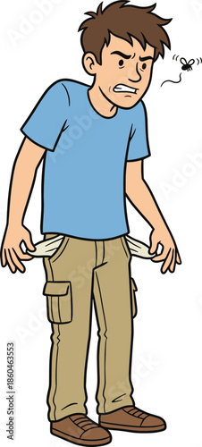 Cartoon illustration of a young man showing empty pockets with a fly representing poverty financial crisis debt and being broke