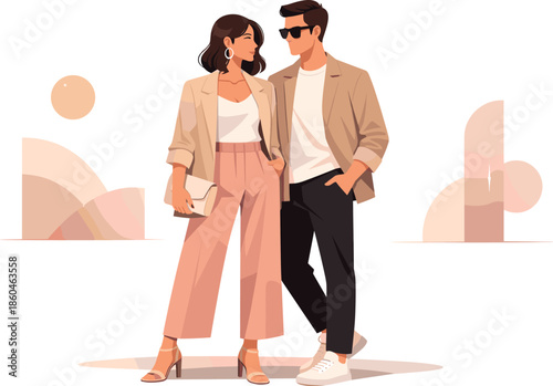 Contemporary Couple Fashion. Clean modern illustration conveying couple fashion vibes through style unity, confidence, and
