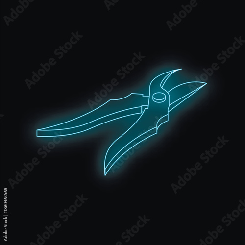 Neon blue secateurs shining on a dark background, symbolizing gardening, pruning, and plant care