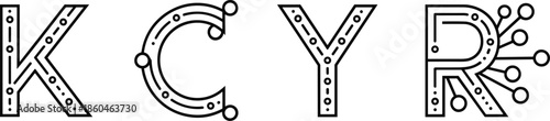 Outline Vector Icon Set Featuring Letters K C Y R with Integrated Circuitry Paths and Node Connector Points