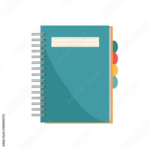 A teal notebook with spiral binding, colored tabs, and a cream-colored label