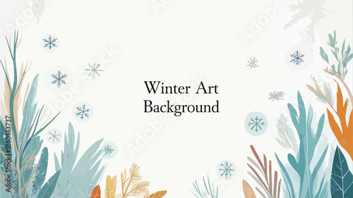 Winter art background with snowflakes and leaves in shades of blue and orange