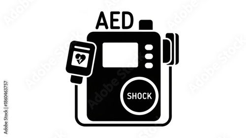 Illustration of an Automated External Defibrillator device with electrodes and shock button