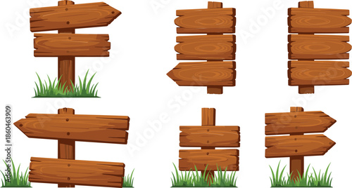 Wooden Direction Sign Boards Set With Arrows And Grass Cartoon Vector Illustration Isolated On White